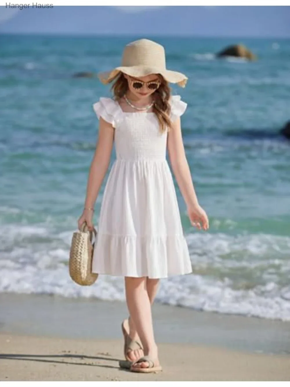 Girls Ruffle Sleeve Off Shoulder Sundress Pockets Summer Casual